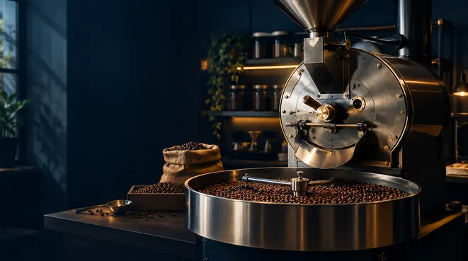 Realistic image of a coffee roaster and fresh beans for roasting training